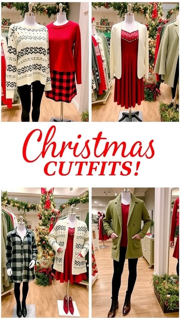 A collection of stylish Christmas outfits including sweaters, dresses, and accessories in a festive setting.